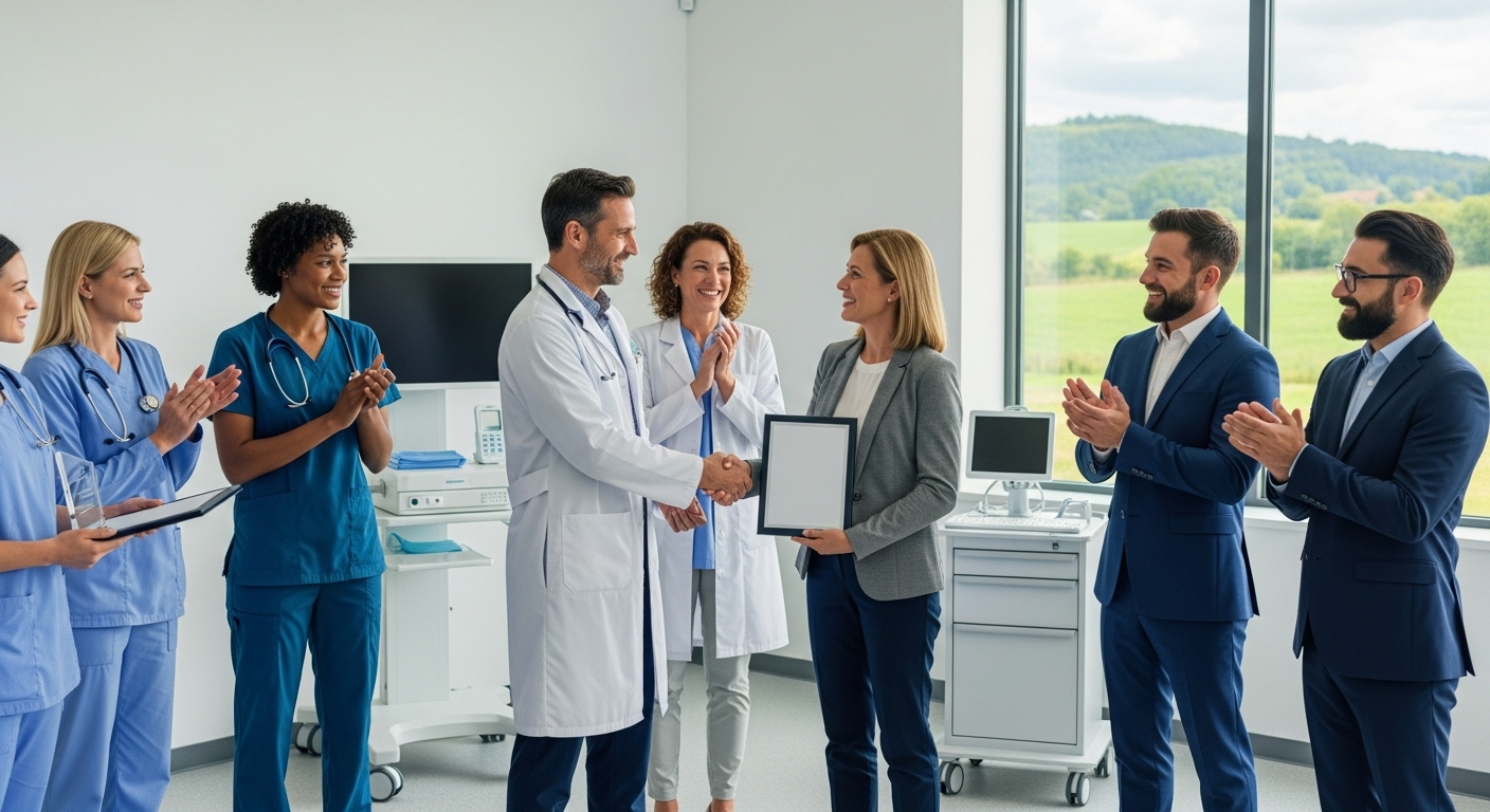 Ärzte arbeiten mit einem Tablet in einer ländlichen Gesundheitseinrichtung, um die Patientenversorgung zu verbessern.