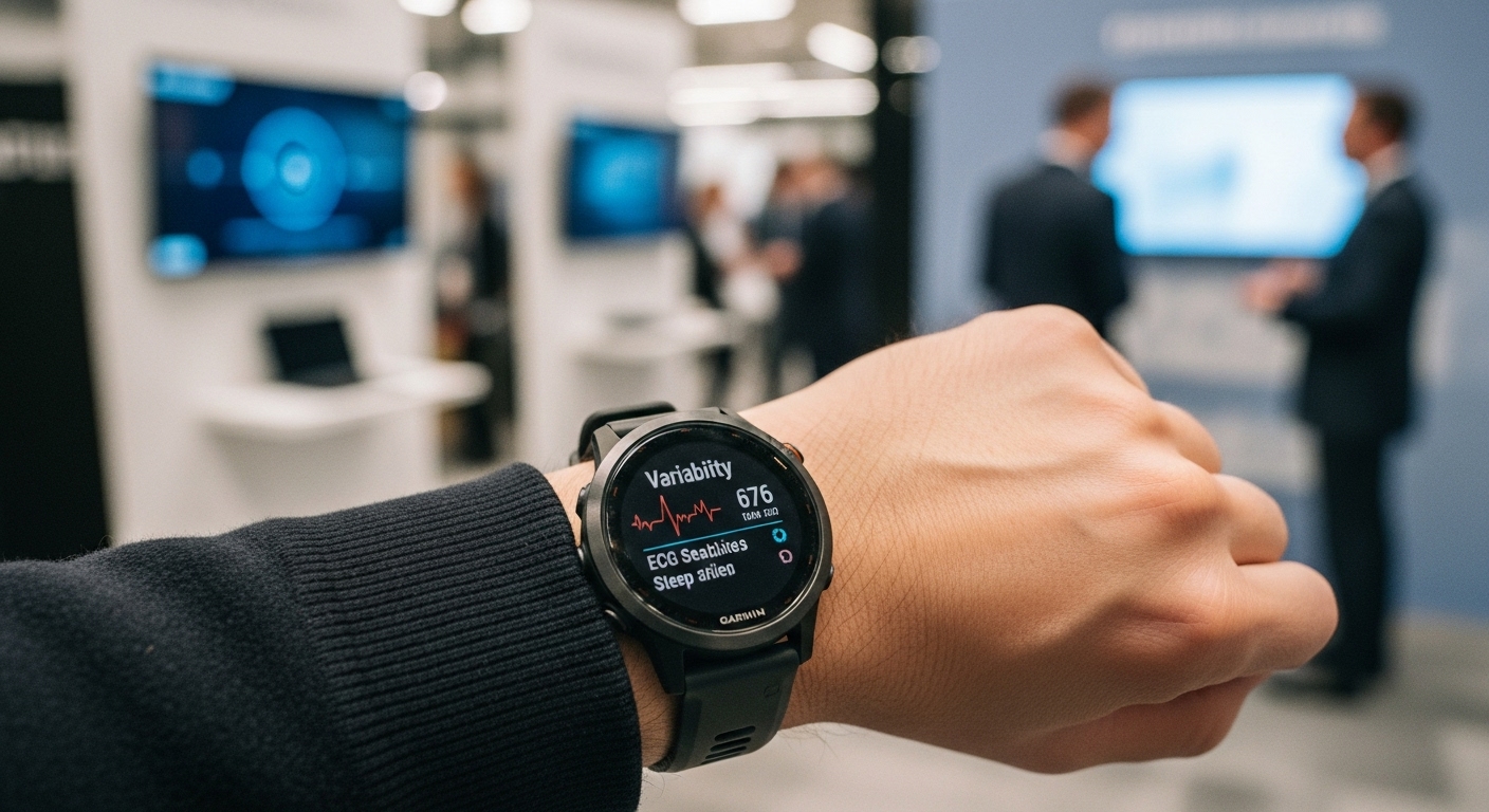 Garmin Smartwatch am Handgelenk zeigt Gesundheitsdaten. Konzept für digitale Gesundheit und personalisierte Medizin.