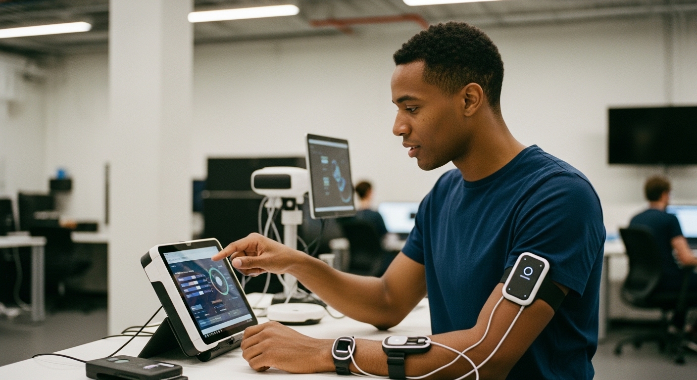 Health-Tech Startup Erfolg: Gründer im Gespräch vor einem Laptop mit medizinischen Daten.