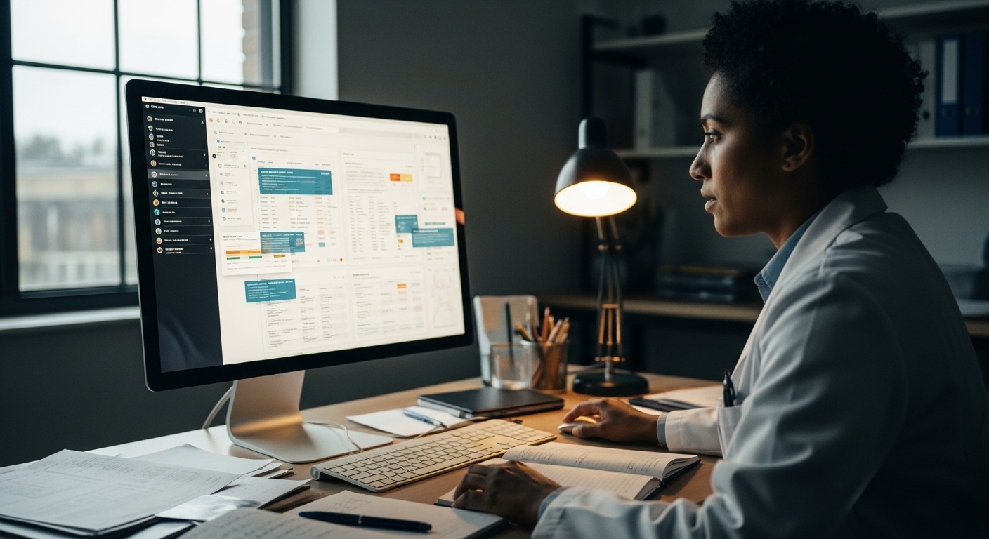 VeriFact KI-System vergleicht KI-generierte medizinische Dokumentation mit Patientendaten auf einem Bildschirm.