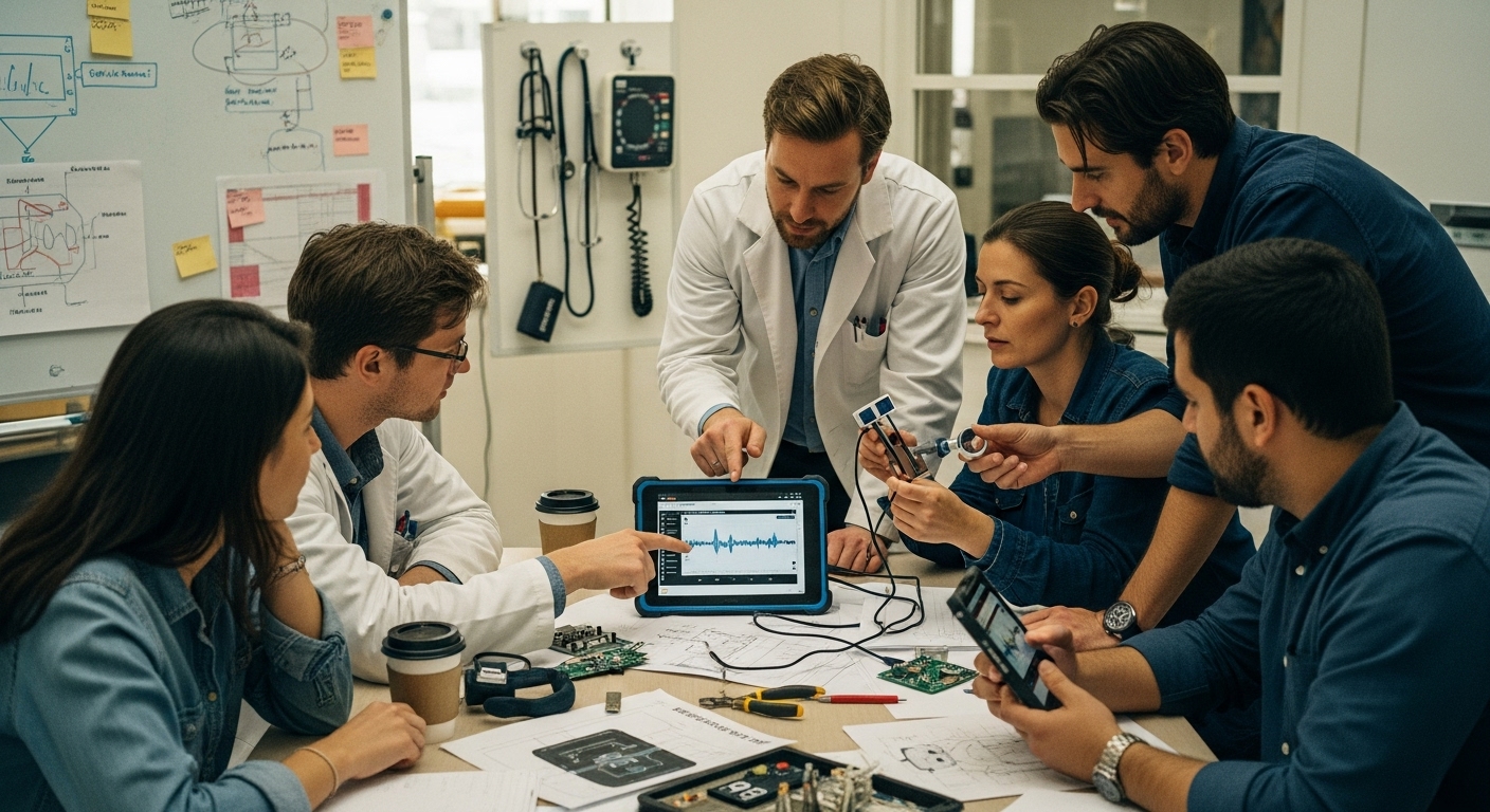 Gruppe motivierter Menschen arbeiten gemeinsam an einem digitalen Gesundheitskonzept.